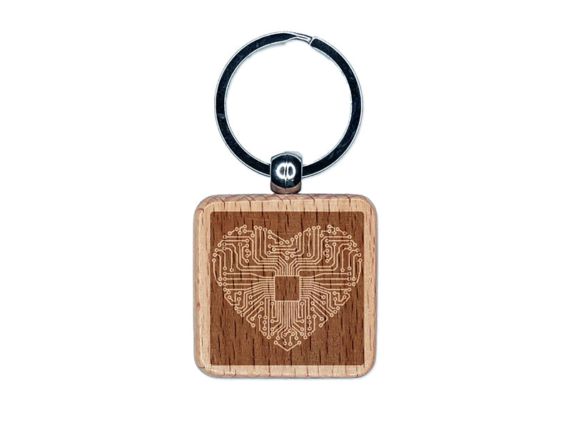 Computer Chip Circuit Board Heart Love Engraved Wood Square Keychain Tag Charm