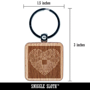 Computer Chip Circuit Board Heart Love Engraved Wood Square Keychain Tag Charm