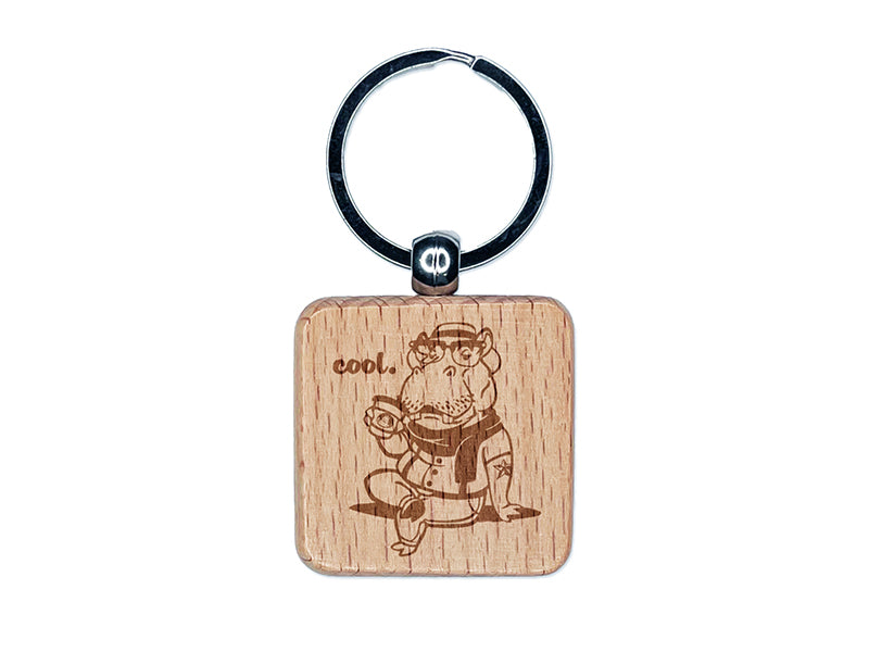Cool Hipster Hippo Hippopotamus with Coffee Engraved Wood Square Keychain Tag Charm