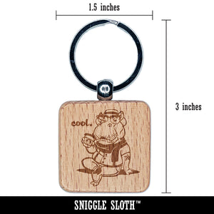 Cool Hipster Hippo Hippopotamus with Coffee Engraved Wood Square Keychain Tag Charm