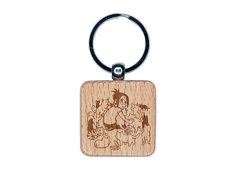 Crazy Cat Lady Surrounded Engraved Wood Square Keychain Tag Charm