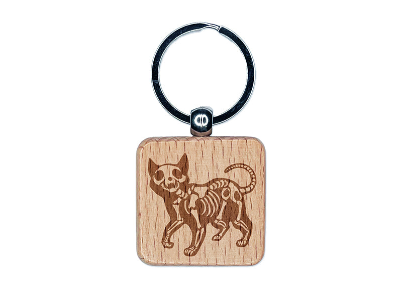 Creepy Skeleton Cat Halloween Engraved Wood Square Keychain Tag Charm