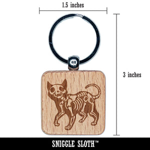 Creepy Skeleton Cat Halloween Engraved Wood Square Keychain Tag Charm