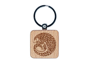 Curled Cute Pangolin Engraved Wood Square Keychain Tag Charm