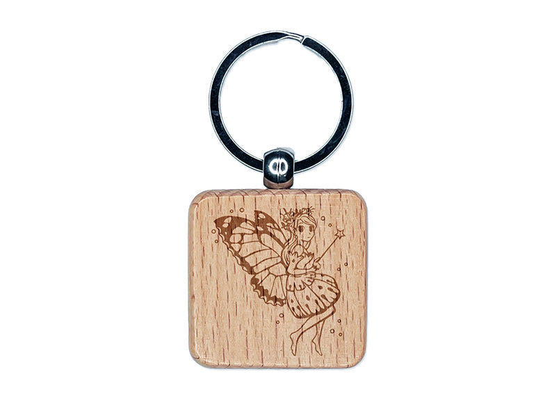 Cute Butterfly Pixie Fairy Girl Engraved Wood Square Keychain Tag Charm