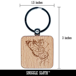 Cute Butterfly Pixie Fairy Girl Engraved Wood Square Keychain Tag Charm