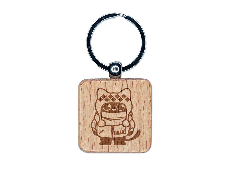 Cute Cat in Jacket is Ready for Winter Engraved Wood Square Keychain Tag Charm