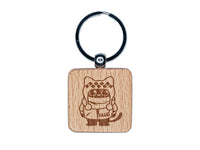 Cute Cat in Jacket is Ready for Winter Engraved Wood Square Keychain Tag Charm