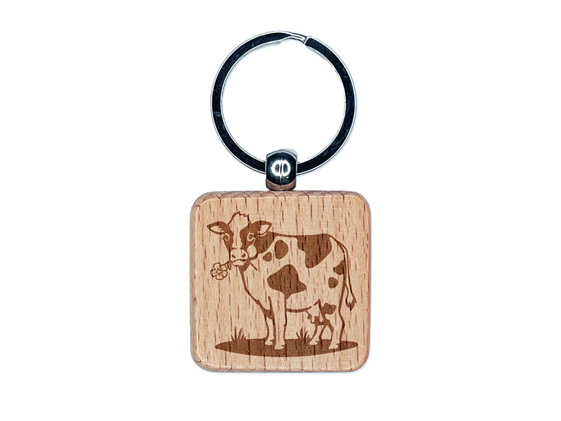 Cute Cow Eating Flower Engraved Wood Square Keychain Tag Charm