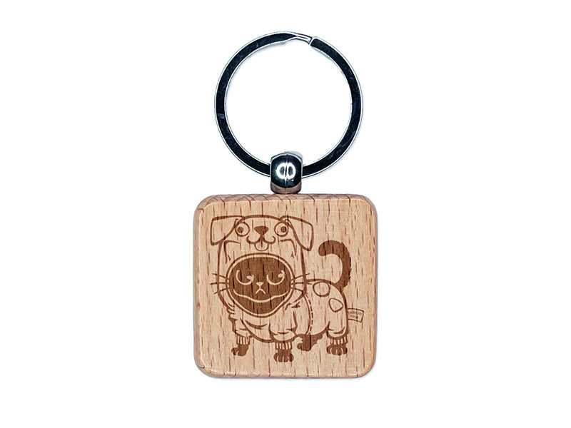 Cute Grouchy Cat in Dog Costume Halloween Engraved Wood Square Keychain Tag Charm