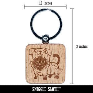 Cute Grouchy Cat in Dog Costume Halloween Engraved Wood Square Keychain Tag Charm
