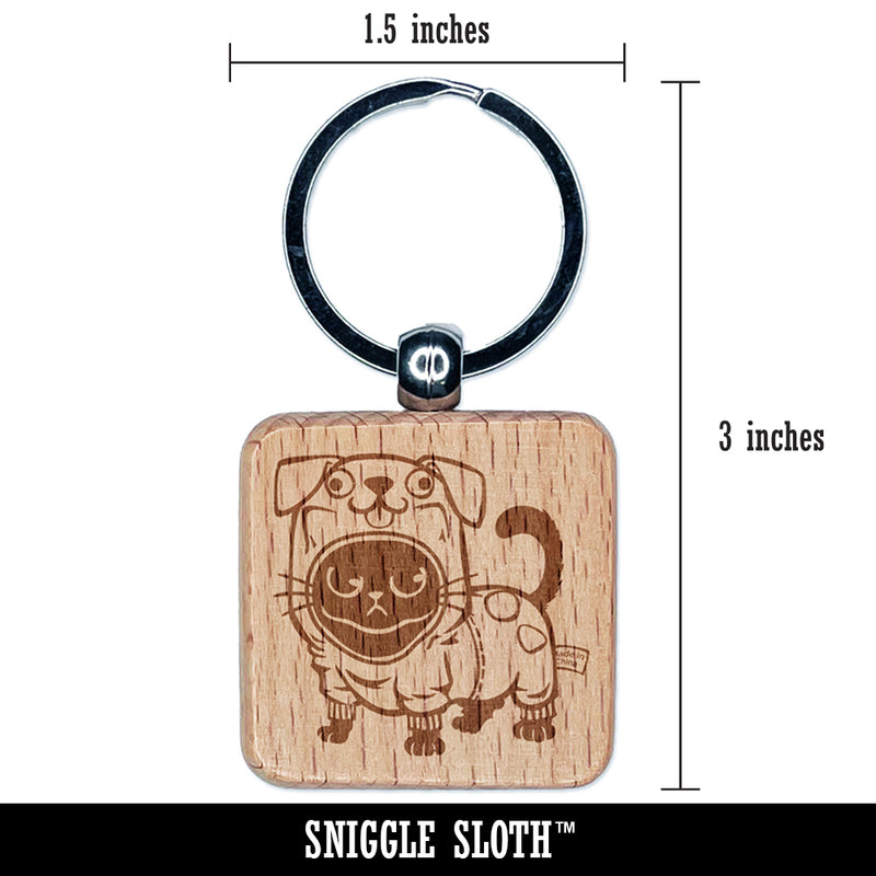 Cute Grouchy Cat in Dog Costume Halloween Engraved Wood Square Keychain Tag Charm