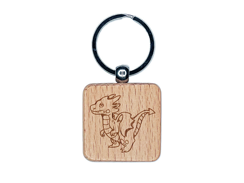 Cute Kawaii Little Dragon Engraved Wood Square Keychain Tag Charm