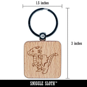 Cute Kawaii Little Dragon Engraved Wood Square Keychain Tag Charm