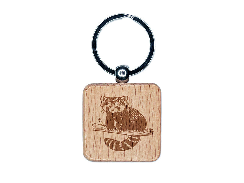 Cute Little Red Panda Engraved Wood Square Keychain Tag Charm