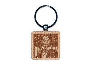 Dracula Vampire with Bats Halloween Engraved Wood Square Keychain Tag Charm