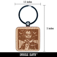 Dracula Vampire with Bats Halloween Engraved Wood Square Keychain Tag Charm