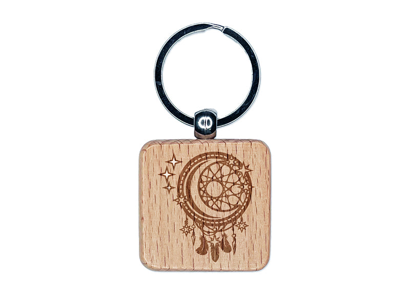 Dream Catcher with Moon and Stars Engraved Wood Square Keychain Tag Charm