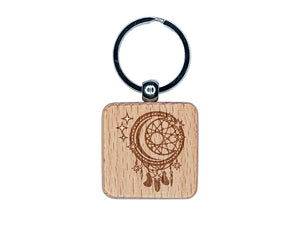 Dream Catcher with Moon and Stars Engraved Wood Square Keychain Tag Charm