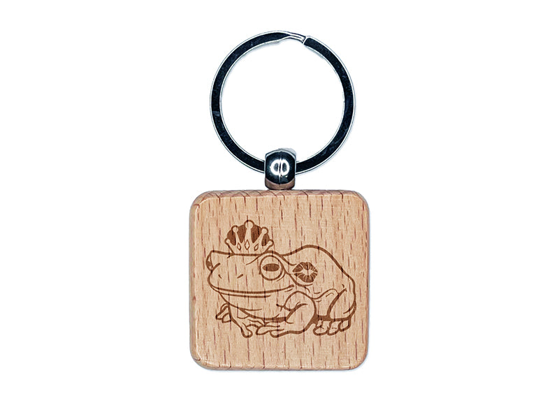 Fairy Tale Frog Prince with Crown and Kiss Engraved Wood Square Keychain Tag Charm