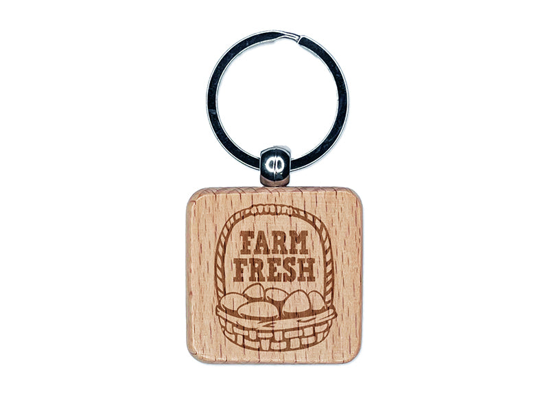 Farm Fresh Egg Basket Engraved Wood Square Keychain Tag Charm