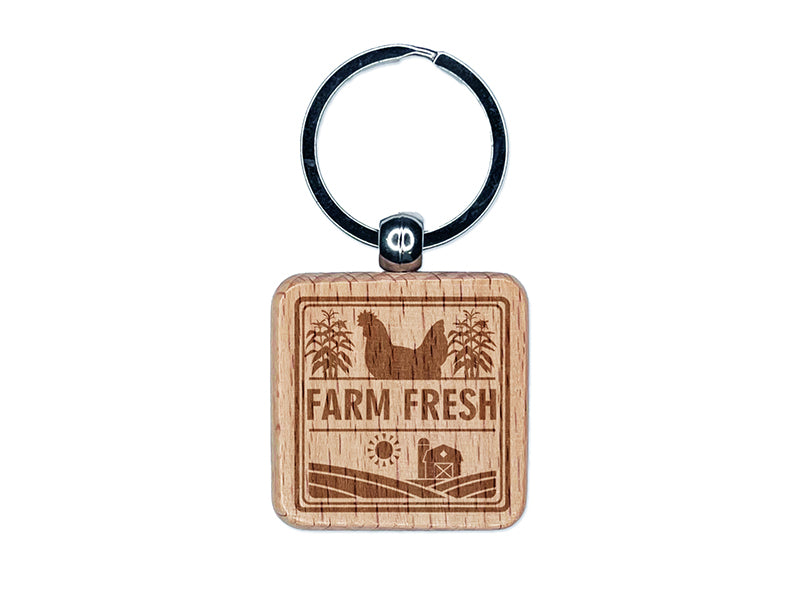 Farm Fresh with Barn and Chicken Engraved Wood Square Keychain Tag Charm