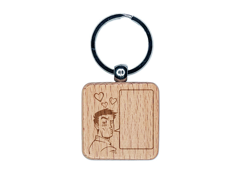 Flirty Manga Man with Empty Speech Text Bubble Engraved Wood Square Keychain Tag Charm