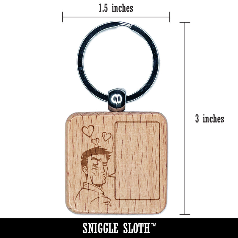 Flirty Manga Man with Empty Speech Text Bubble Engraved Wood Square Keychain Tag Charm