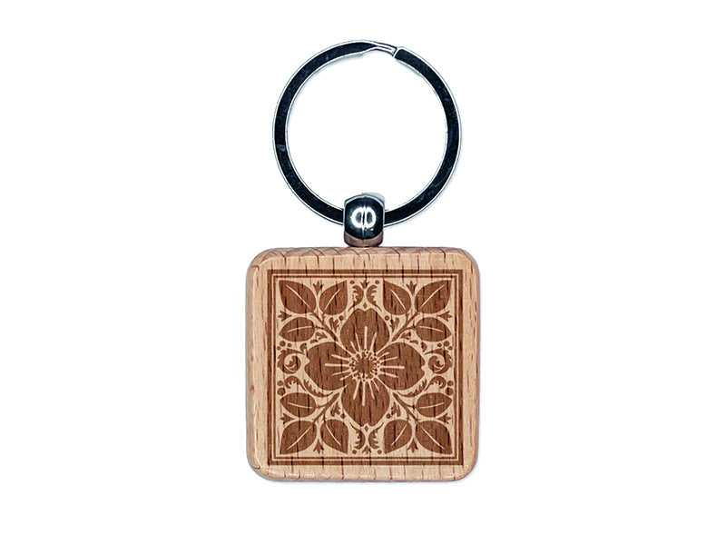 Flower and Leaves Floral Pattern Tile  Engraved Wood Square Keychain Tag Charm