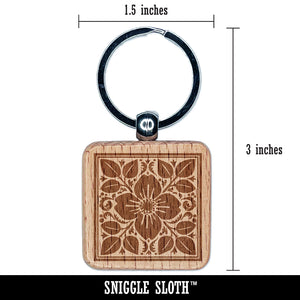 Flower and Leaves Floral Pattern Tile  Engraved Wood Square Keychain Tag Charm