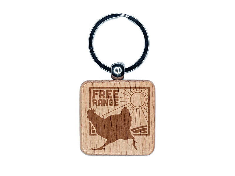 Free Range Chicken Running Engraved Wood Square Keychain Tag Charm