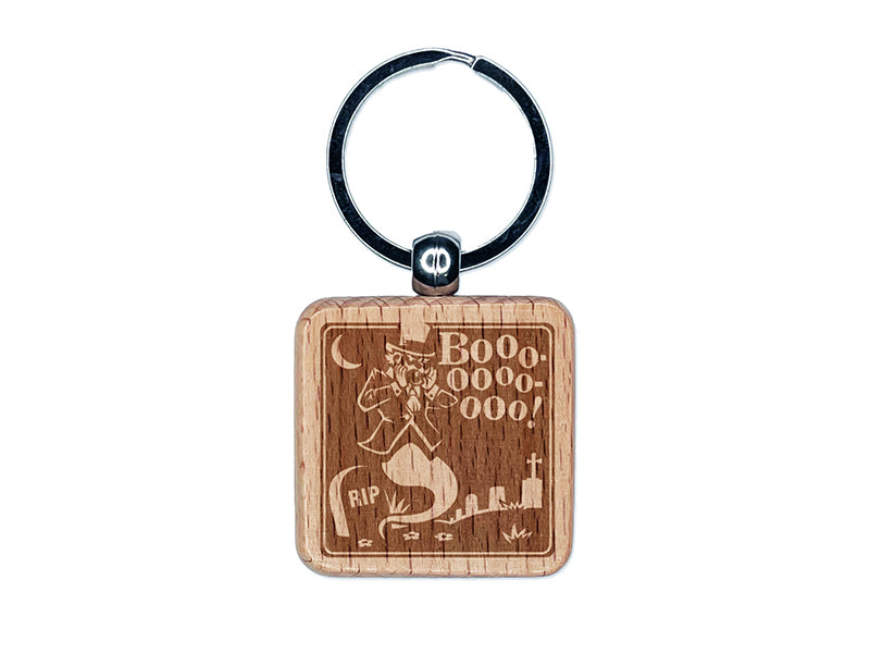 Ghost Boo Jeering Halloween Engraved Wood Square Keychain Tag Charm