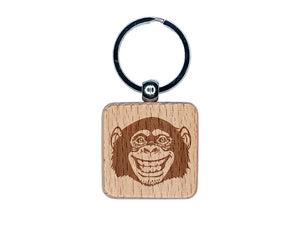 Grinning Chimpanzee Monkey Engraved Wood Square Keychain Tag Charm