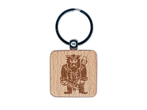 Grumpy Pirate with Weapons and Parrot Engraved Wood Square Keychain Tag Charm