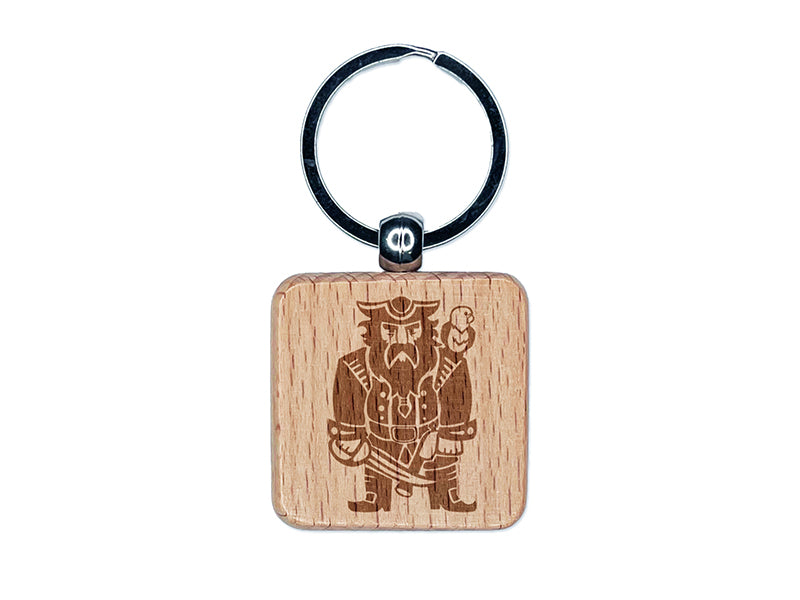 Grumpy Pirate with Weapons and Parrot Engraved Wood Square Keychain Tag Charm