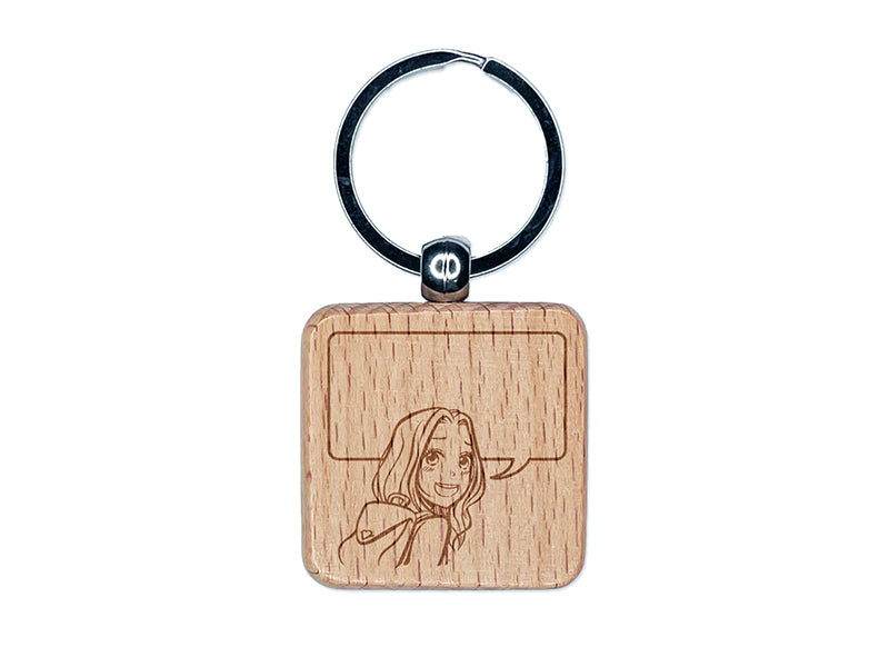 Happy Anime Manga Girl with Empty Speech Text Bubble Engraved Wood Square Keychain Tag Charm
