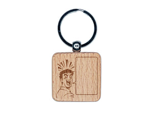 Happy Excited Manga Man with Empty Speech Text Bubble Engraved Wood Square Keychain Tag Charm