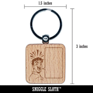 Happy Excited Manga Man with Empty Speech Text Bubble Engraved Wood Square Keychain Tag Charm