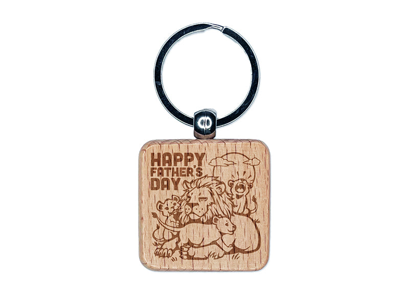 Happy Father's Day Dad with Lion and Cubs Engraved Wood Square Keychain Tag Charm