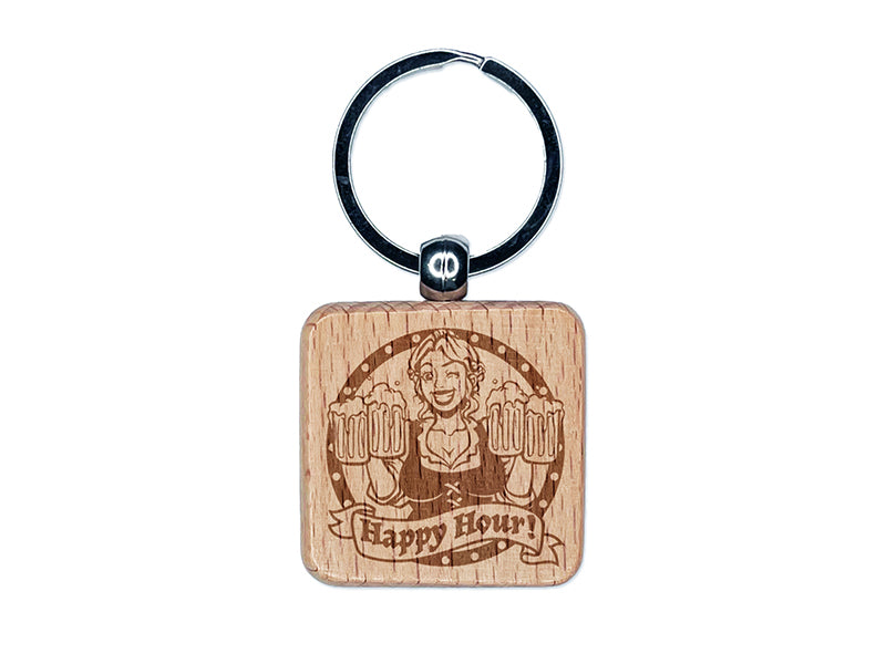 Happy Hour Beer Maiden German Oktoberfest Engraved Wood Square Keychain Tag Charm
