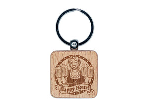 Happy Hour Beer Maiden German Oktoberfest Engraved Wood Square Keychain Tag Charm