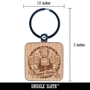 Happy Hour Beer Maiden German Oktoberfest Engraved Wood Square Keychain Tag Charm