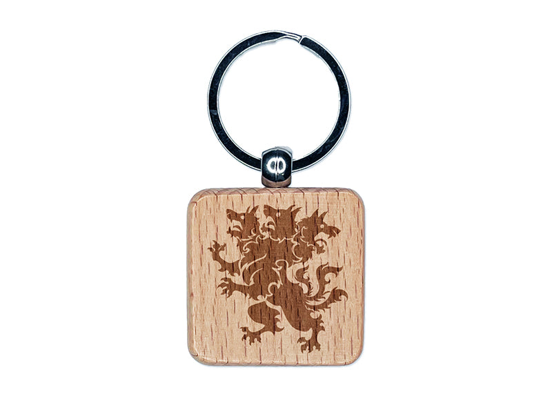 Heraldic Cerberus Three Headed Dog Engraved Wood Square Keychain Tag Charm