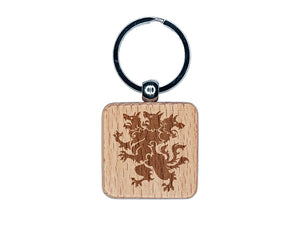 Heraldic Cerberus Three Headed Dog Engraved Wood Square Keychain Tag Charm