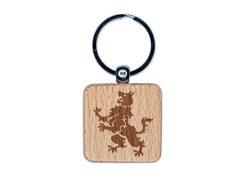 Heraldic Wolf Engraved Wood Square Keychain Tag Charm