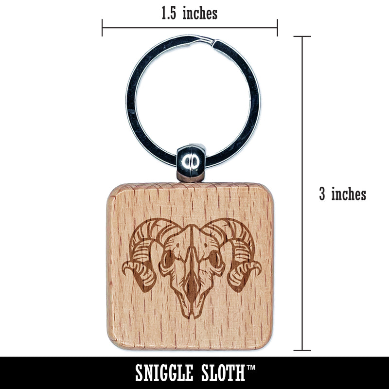 Horned Ram Skull Engraved Wood Square Keychain Tag Charm