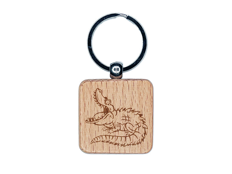 Hungry Crocodile Alligator Engraved Wood Square Keychain Tag Charm