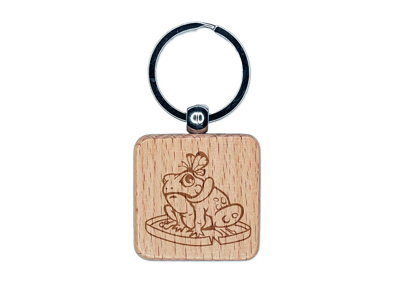 Hungry Frog with Butterfly Engraved Wood Square Keychain Tag Charm