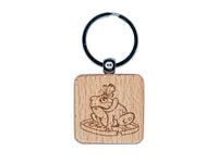 Hungry Frog with Butterfly Engraved Wood Square Keychain Tag Charm