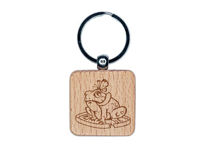 Hungry Frog with Butterfly Engraved Wood Square Keychain Tag Charm